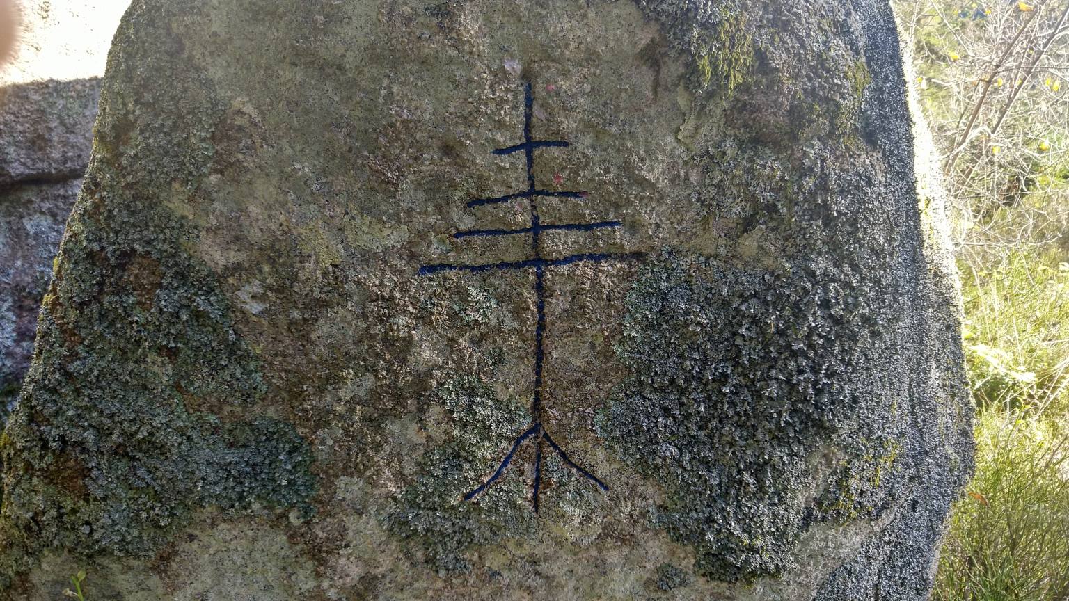 Bildtitel: Seltsames schwarzes Kreuz in einen Schalenstein am Kuckucksweiher eingraviert