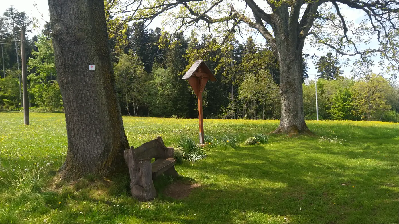 Bildtitel: Wegkreuz zwischen 2 Eichen