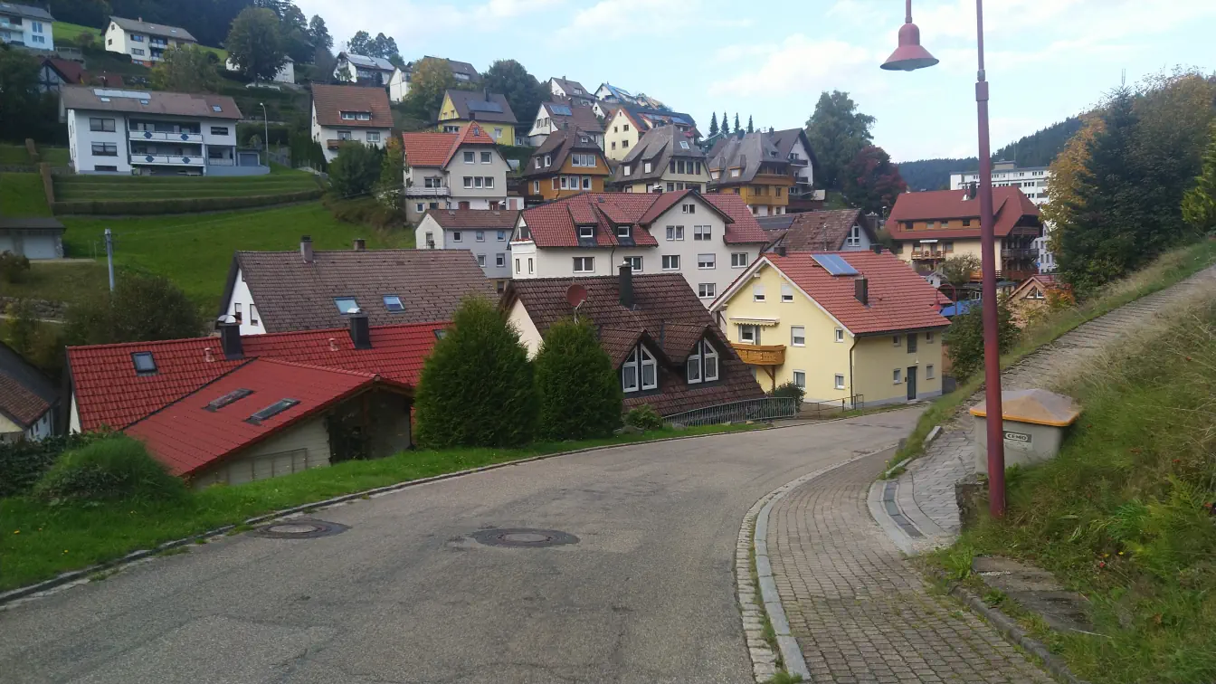 Bildtitel: Ortseingang von Gütenbach im Schwarzwald mit Häusern und Dorfstraße