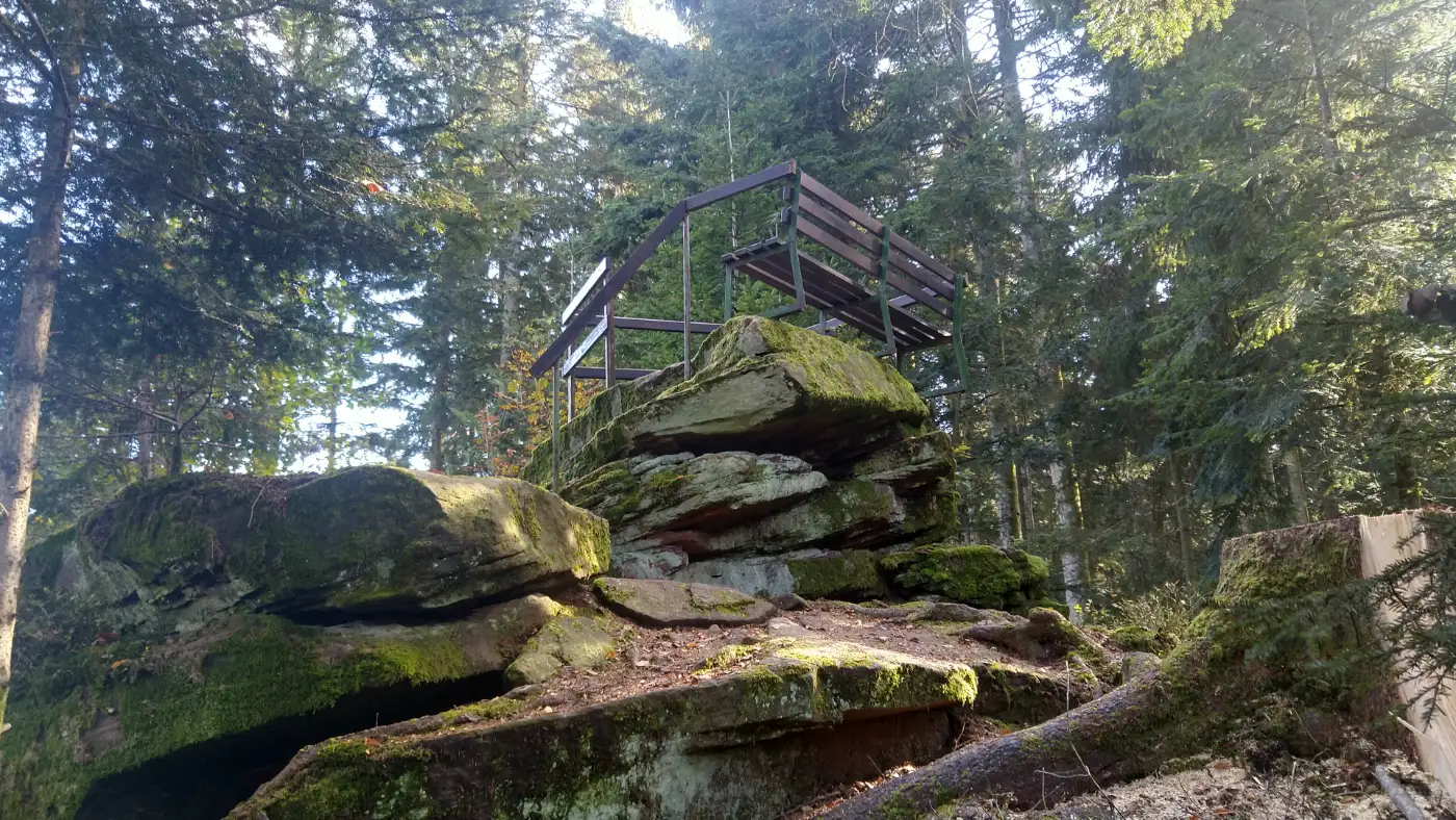 Bildtitel: Aussichtsfelsen mit Bank am Reinerzau